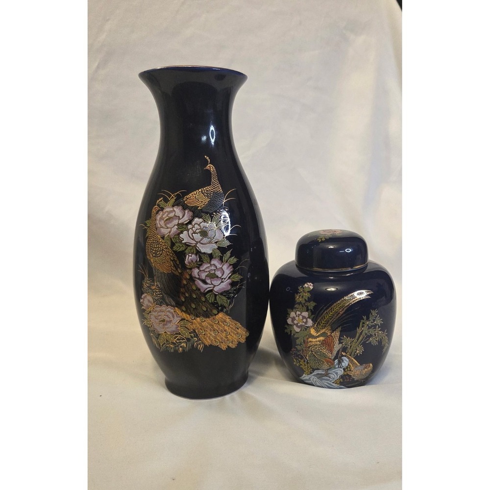 Vintage Cobalt Vase and Jar w Lid Heritage Mint Made In Taiwan Painted Pheasants